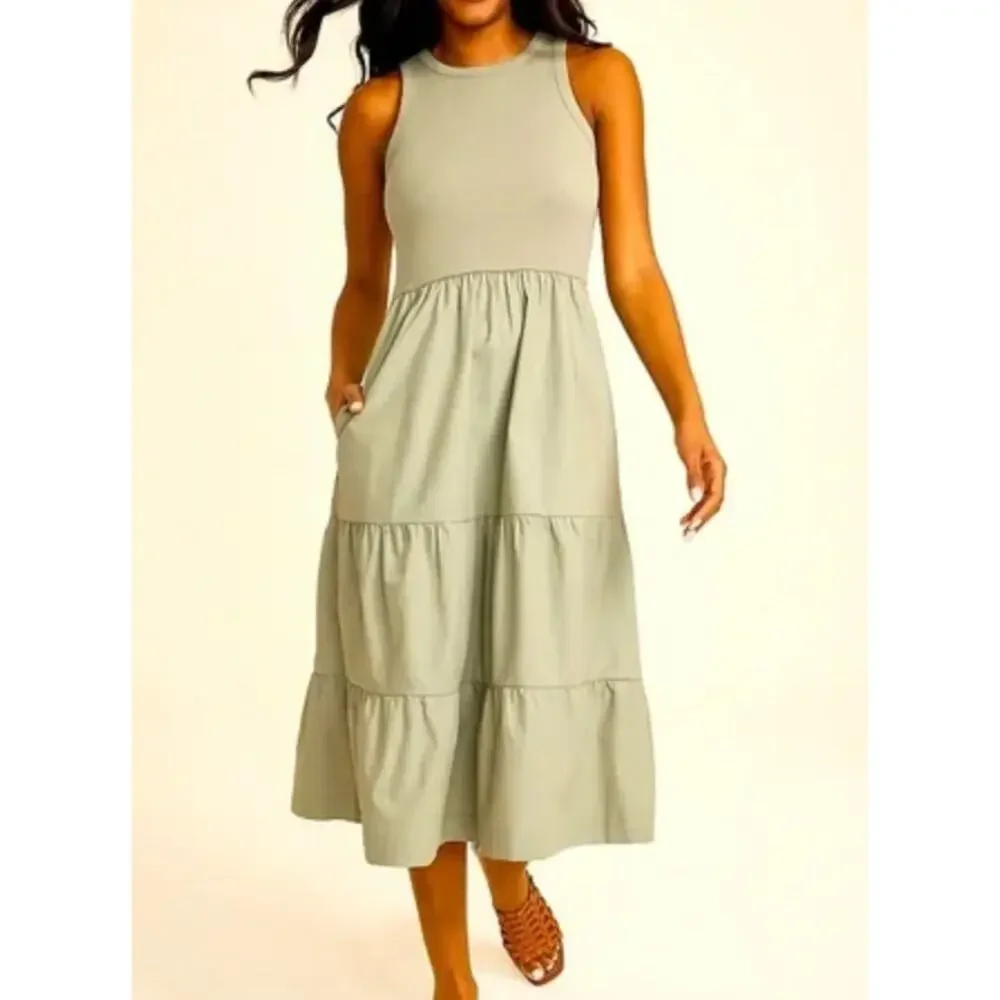 Tiered Tank Midi Dress Olive Sage Green